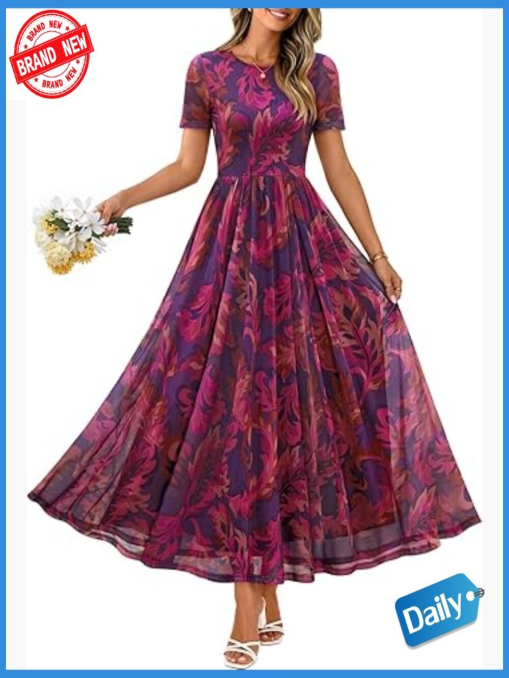 Floral Maxi Dress Mesh Short Sleeve Flowy Wedding Guest Beach Long Dress